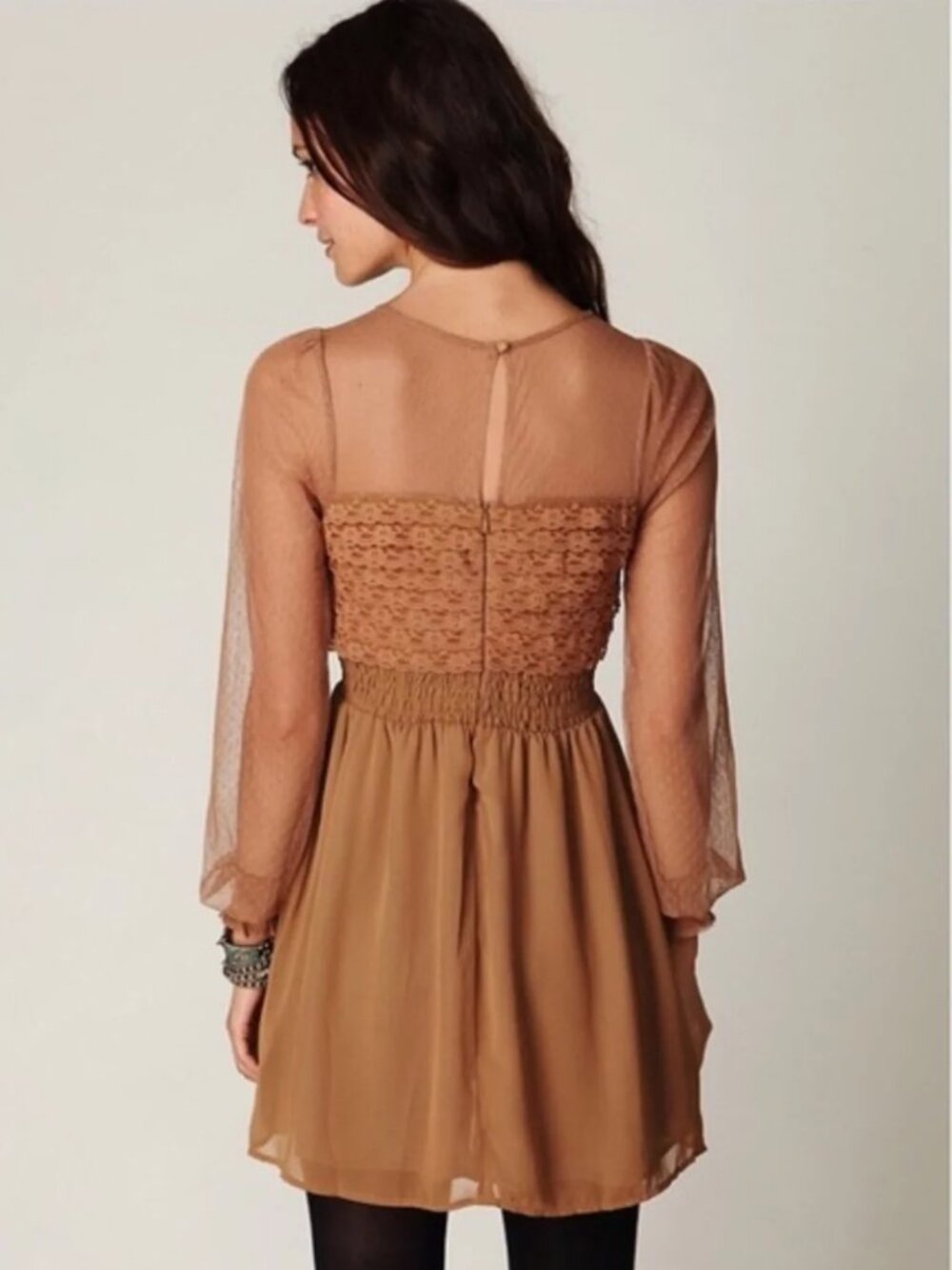 Free People Sheer Lace Bodice Long Sleeve Mini Dress in Camel - Picture 2 of 11